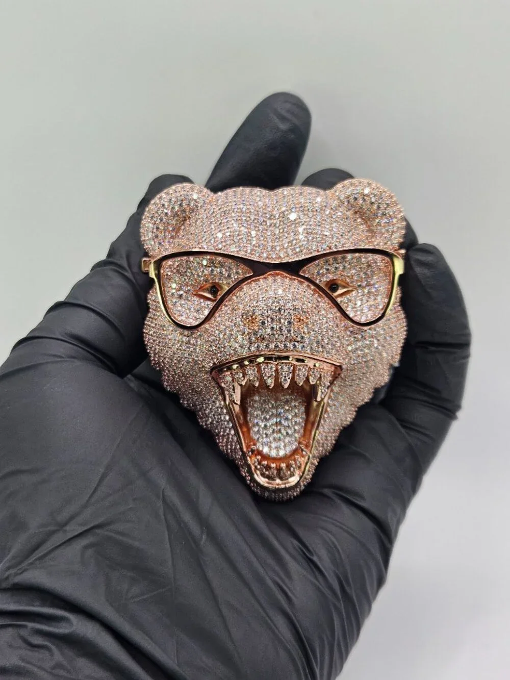 925 Silver 14K Rose Gold Iced Bear Pendant
